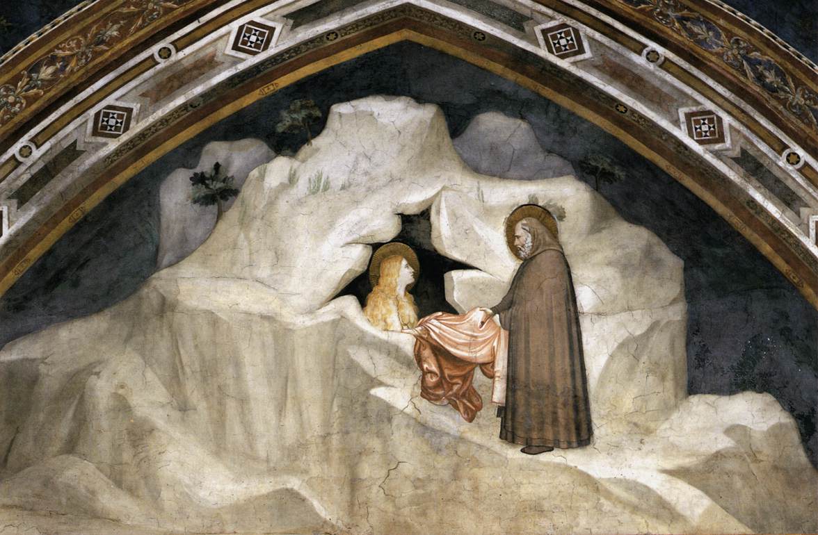 Старец Зосима даёт гиматий Марии Магдалине. Фреска Джотто в капелле Магдалины нижней базилики Сан-Франческо в Ассизи, 1320-е. 