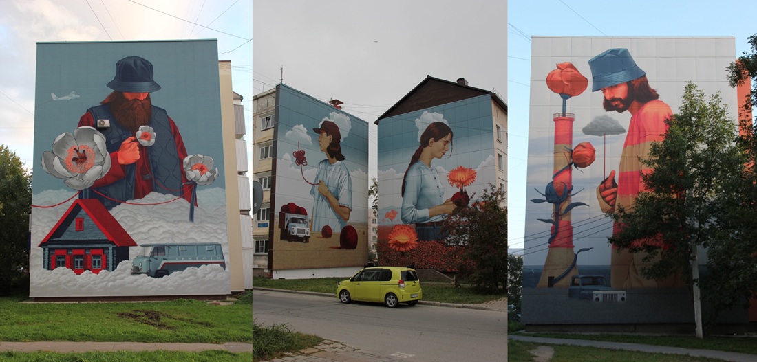 Мурал-триптих Антона Спутника в Южно-Сахалинске: «Перипетия», «Ориентир» и «Смыслы». Фото: vk.com/antonsputnik