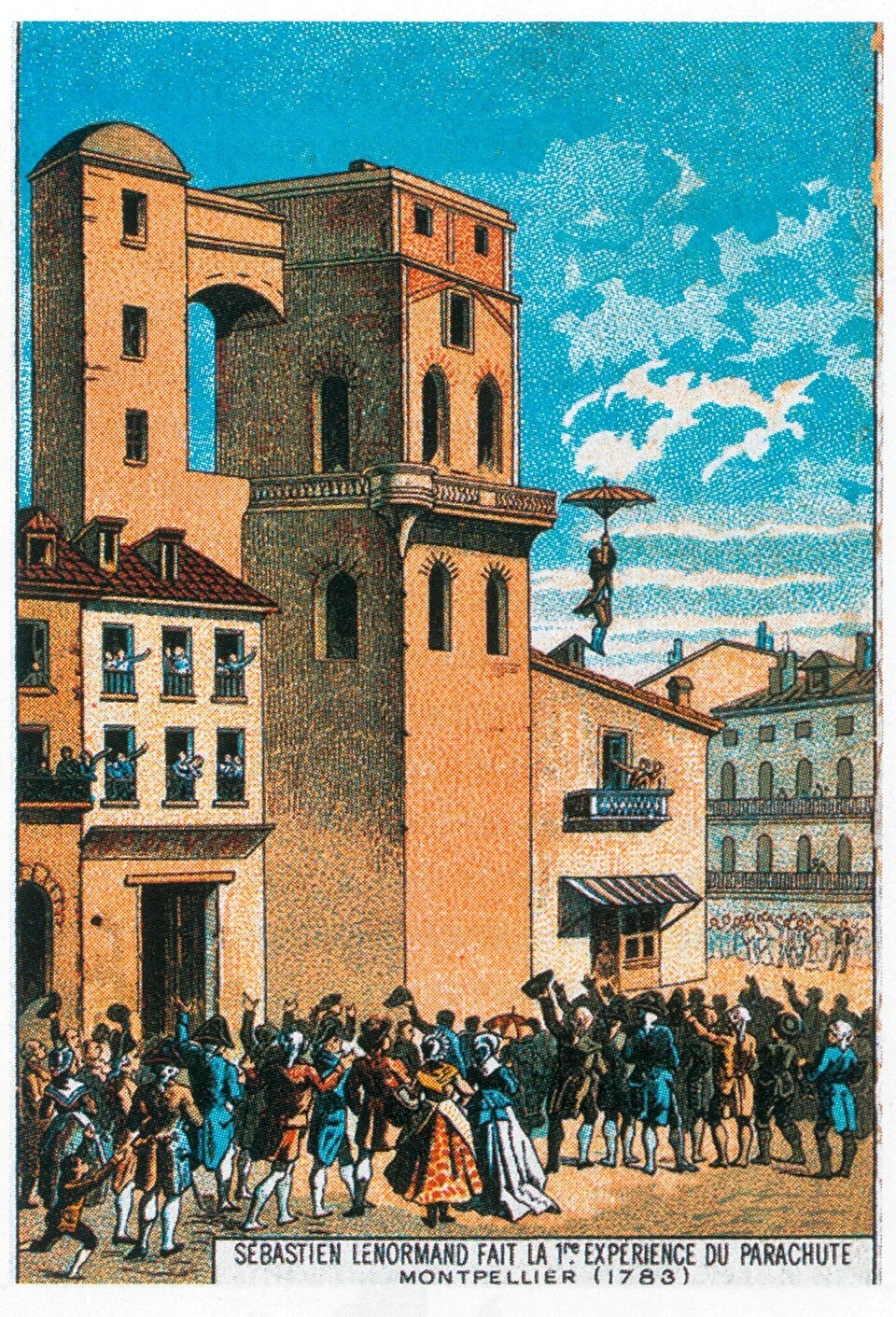 Литография&nbsp;&laquo;Ленорман прыгает с башни обсерватории в Монпелье, 1783 год&raquo;. Фото:&nbsp;Romanet & Cie. / Library of Congress&nbsp;