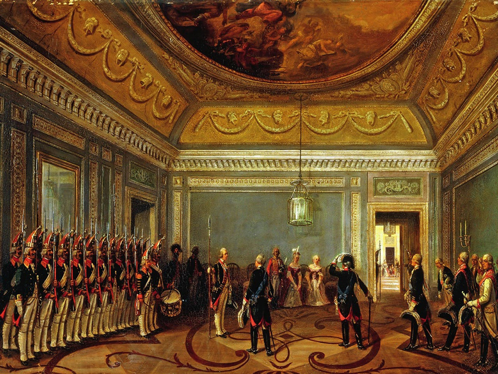 Картина Густава Шварца &laquo;Император Павел I со свитой у внутреннего караула в Гатчинском дворце&raquo;. Фото: общественное достояние