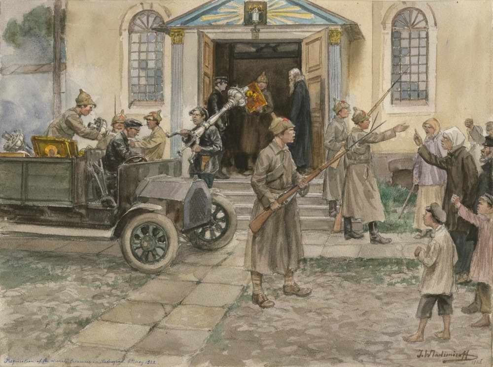 Картины И. А. Владимирова «Конфискация церковных ценностей в Петрограде». Фото: Wikipedia