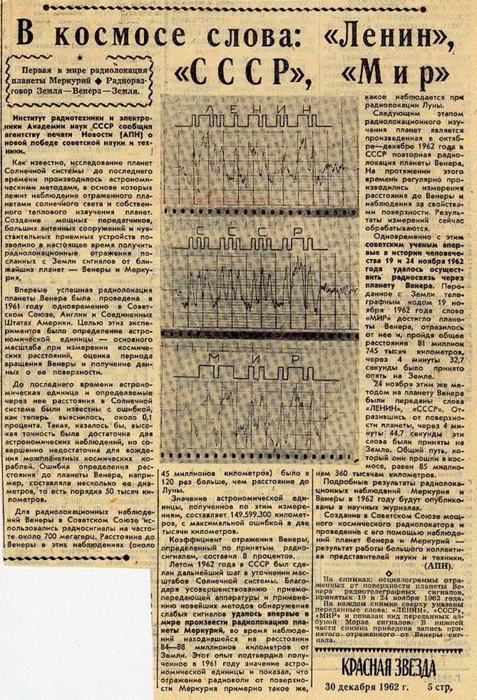 Новость о радиотелеграмме «Мир. Ленин. СССР» в газете «Красная звезда». Фото: общественное достояние