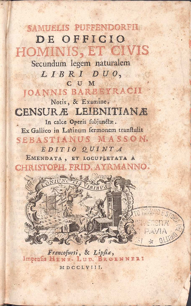 Труд Самуэля фон Пуфендорфа "О долге человека и гражданина согласно естественному праву". Фото: Biblioteca Europea di Informazione e Cultura