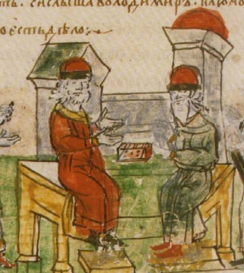Миниатюра "Беседа Владимира с греческим философом о христианстве". Фото: Радзивилловская летопись