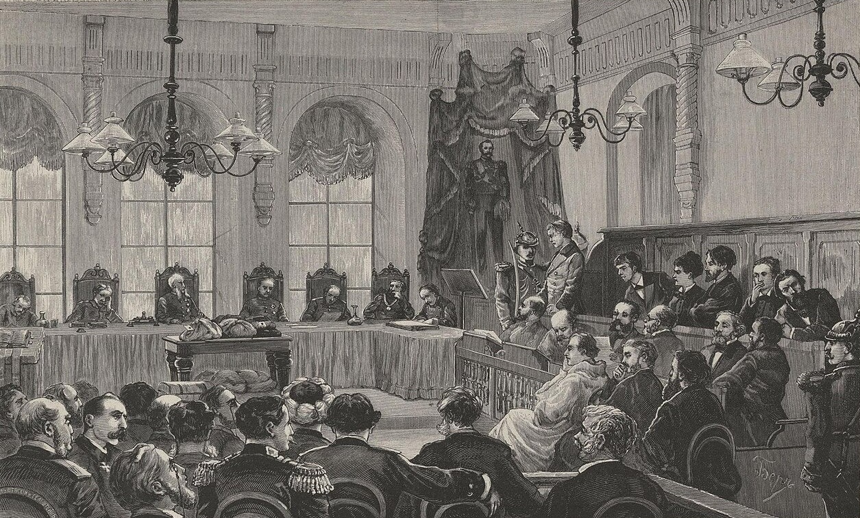Заседание особого присутствия Правительствующего Сената по делу о злодеянии 1марта 1881года (убийство царя Александра II). Фото:&nbsp;Беер К. / ГИМ