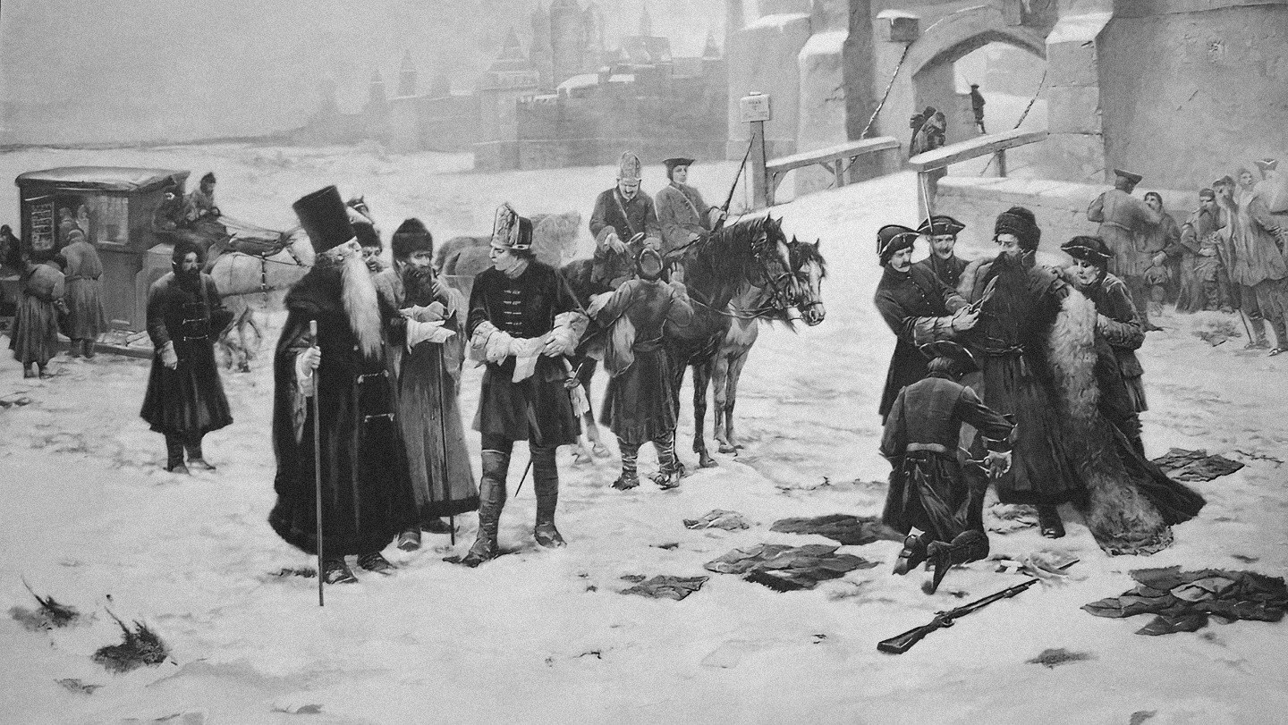 Гравюра Георга Антона Урлауба &laquo;Насильственное введение западной одежды и бритья при Петре I&raquo;. Фото: общественное достояние