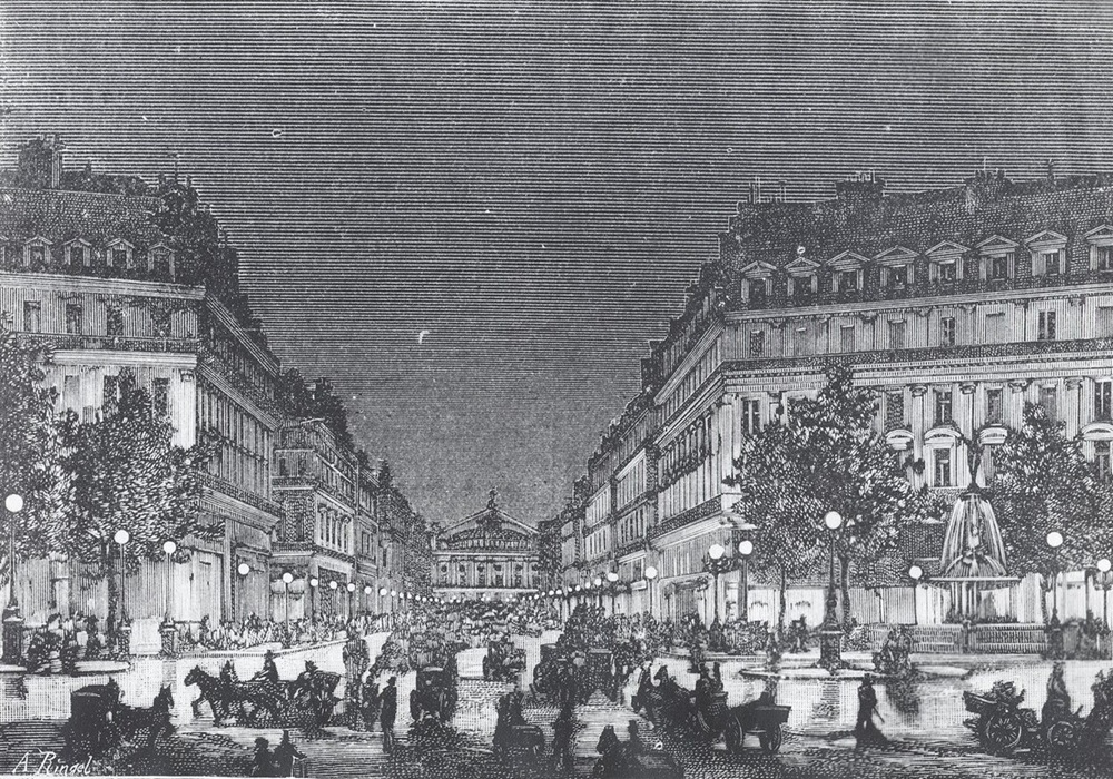 Авеню де л'Опера и площадь Оперы освещенны электрическим освещением с использованием ламп Яблочкова, 1894 год. Фото:&nbsp;A. Ringel
