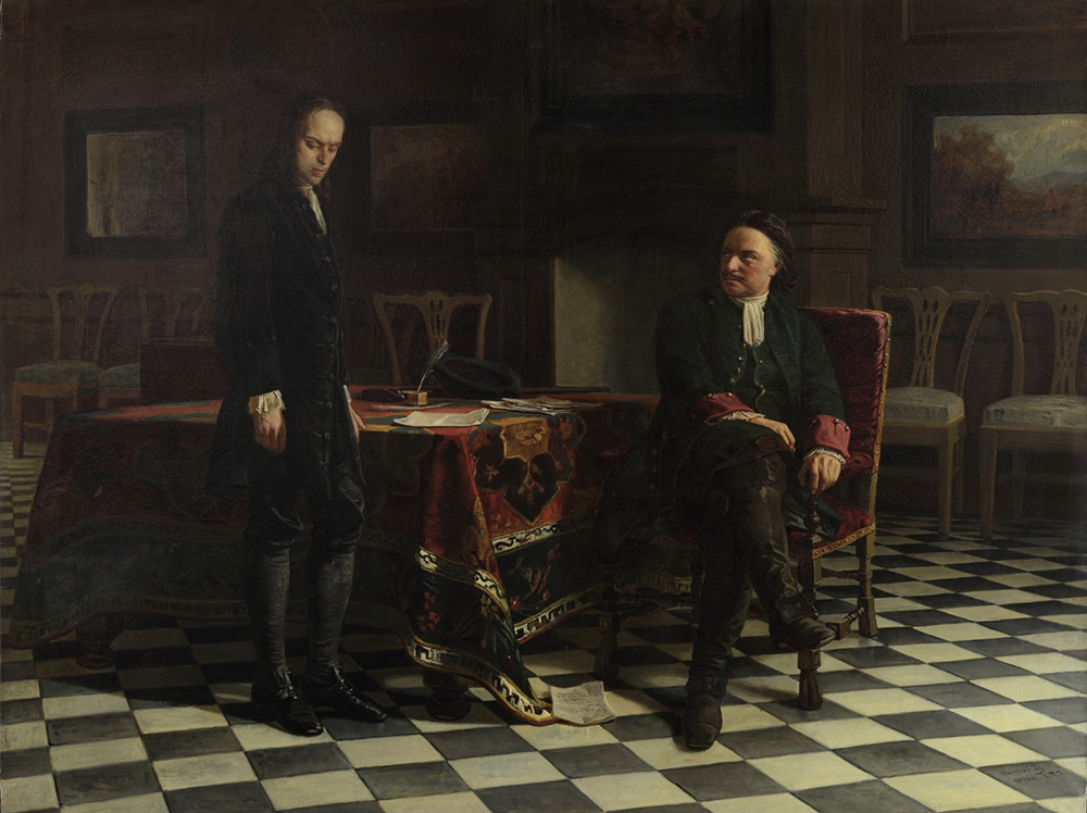 &laquo;Пётр I допрашивает царевича Алексея Петровича в Петергофе&raquo;.&nbsp;Фото: Государственный Русский музей