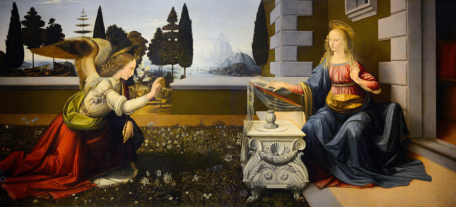 Картина Леонардо да Винчи «Благовещение Пресвятой Богородицы». Фото: Галерея Уффици