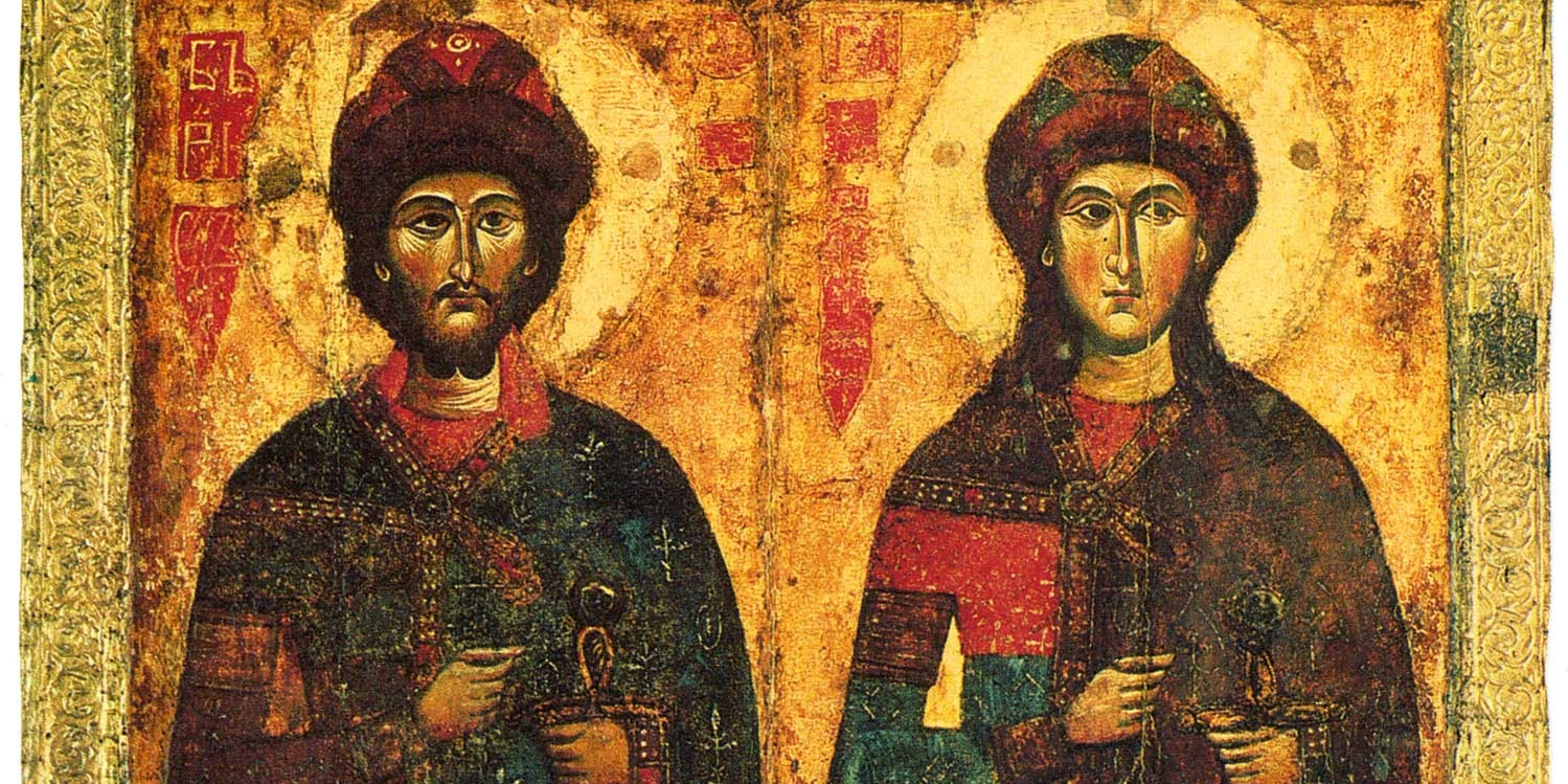 Икона с изображением Бориса и Глеба из Савво-Вишерского монастыря, 13-14 века. Фото: Kiev National Picture Gallery