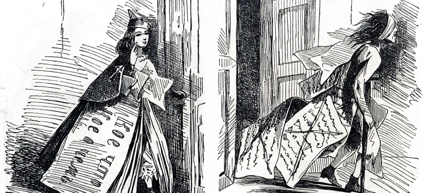 Карикатура «Статья до и после просмотра цензурой», журнал «Искра», 1863 год. Фото: общественное достояние